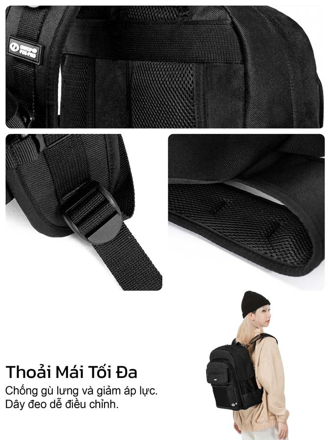 Black backpack with adjustable straps and mesh padding, featuring a person wearing it.