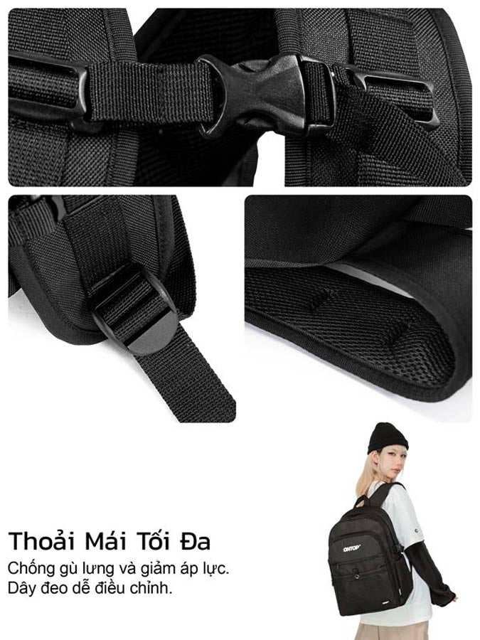 Black backpack with adjustable straps and a person wearing it on a white background
