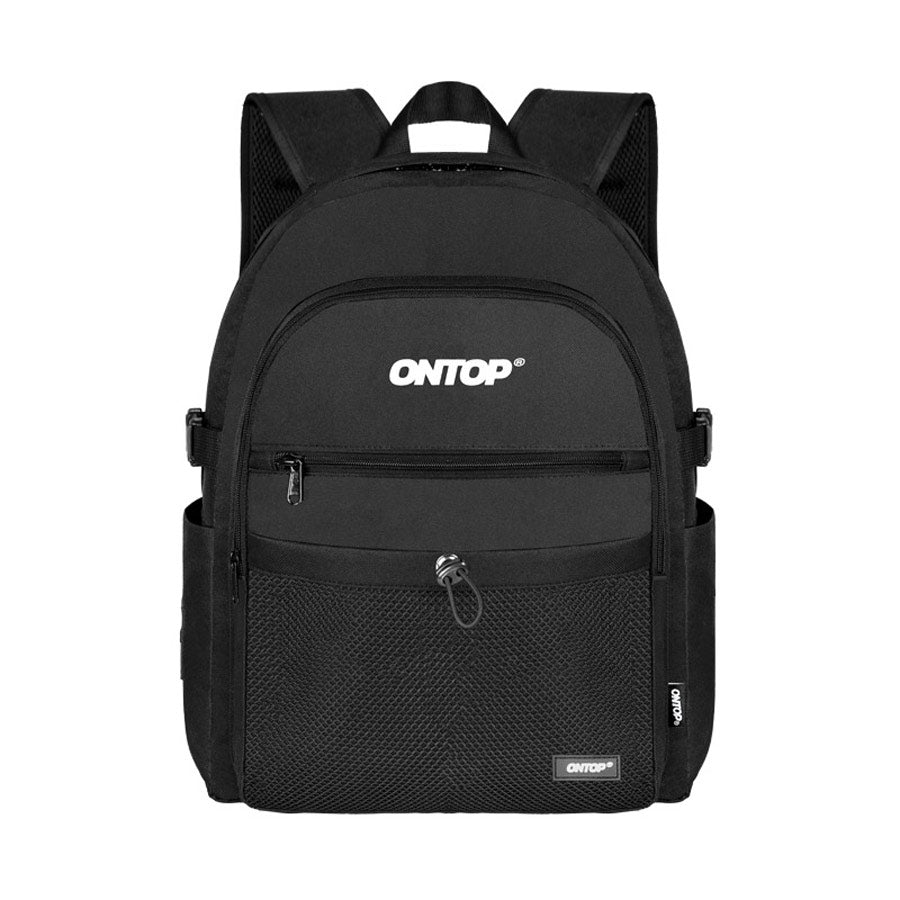 Black backpack with 'ONTOP' branding on a white background