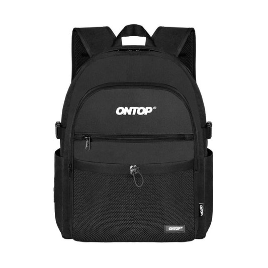 Black backpack with 'ONTOP' branding on a white background