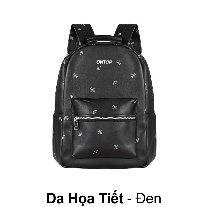 Black backpack with decorative patterns and 'ONTOP' branding on a white background