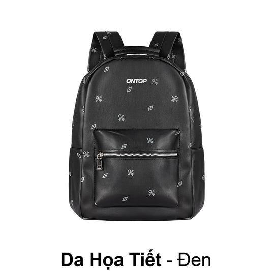 Black backpack with decorative patterns and 'ONTOP' branding on a white background