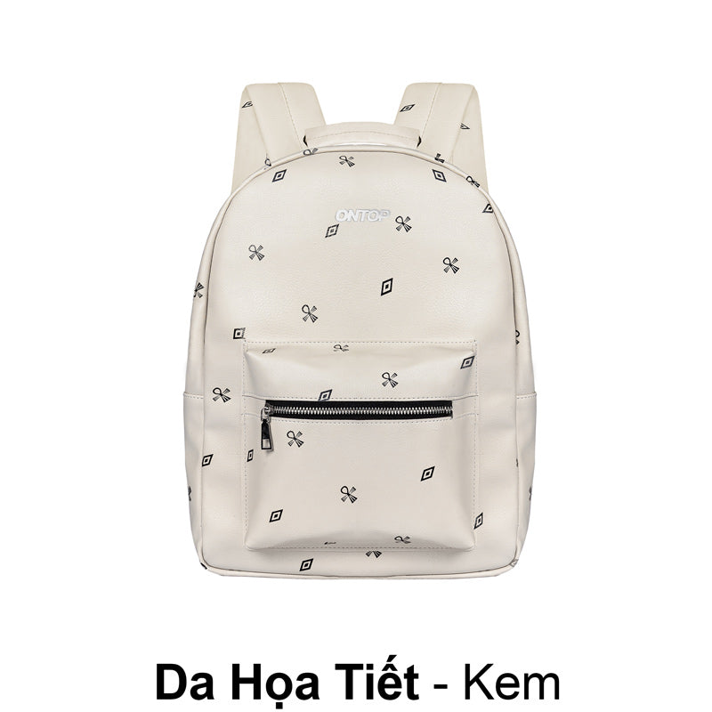 White backpack with black patterns on a white background