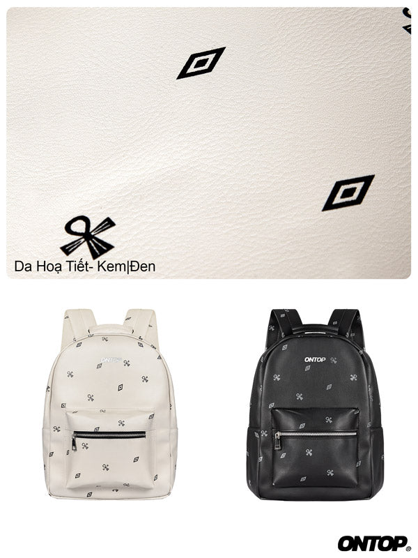 Two backpacks, one white and one black, with visible branding on a textured beige background.