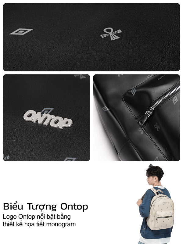 Black leather product with 'Ontop' logo and monogram design, person wearing a backpack.