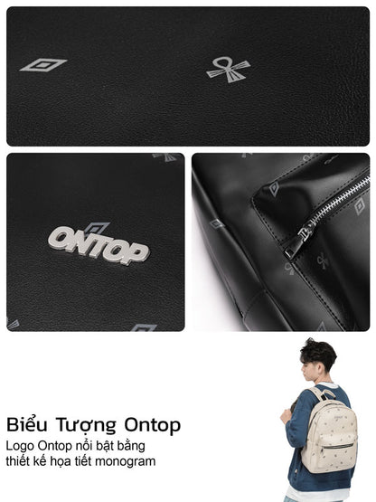 Black leather product with 'Ontop' logo and monogram design, person wearing a backpack.