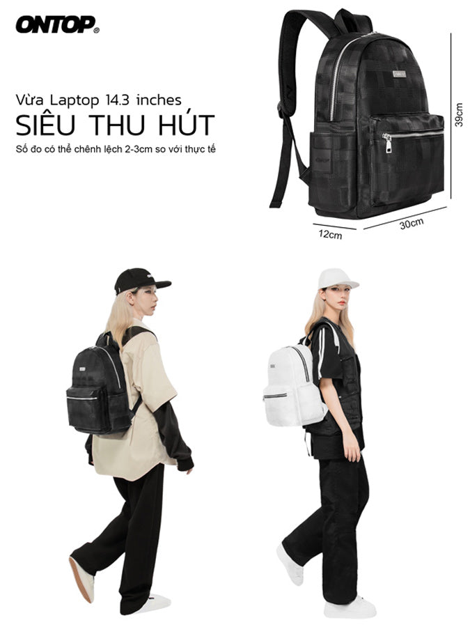 Black backpack with dimensions displayed, featuring a person wearing it.