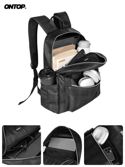 Black backpack with compartments containing items on a white background, featuring the brand 'ONTOP'.