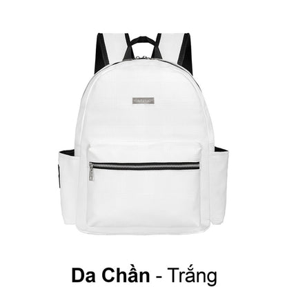 White backpack with black accents on a white background
