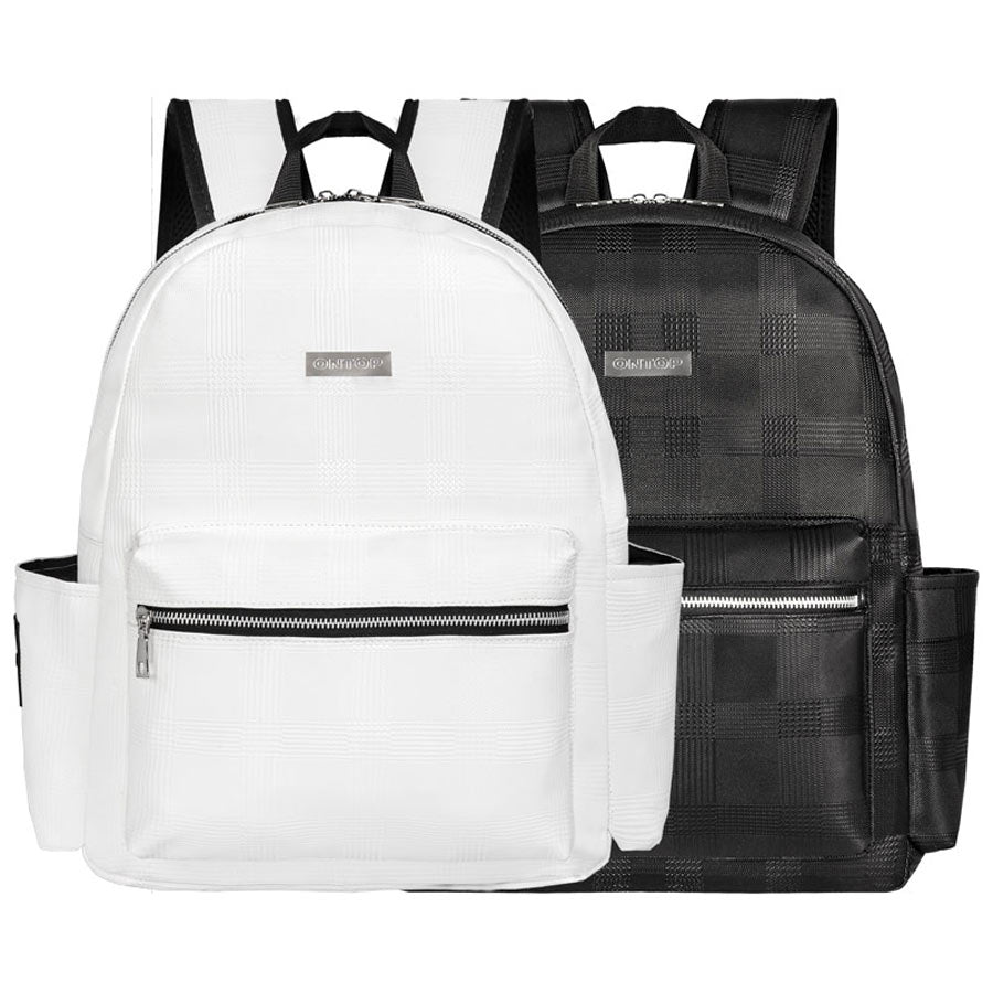 White and black backpacks with a visible brand logo on a white background
