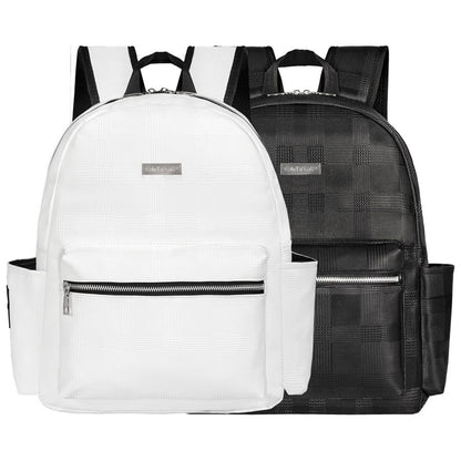 White and black backpacks with a visible brand logo on a white background