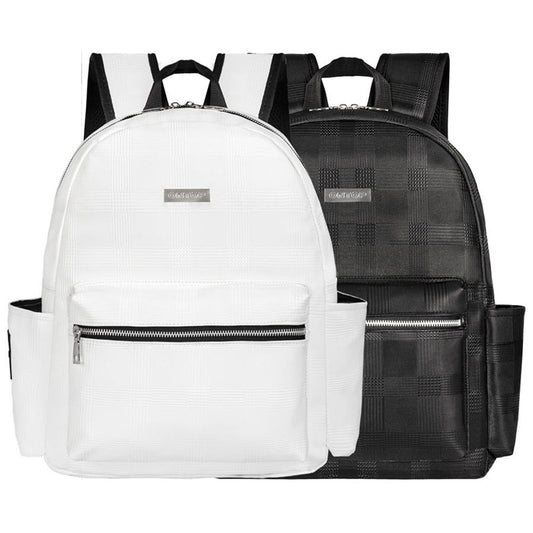 White and black backpacks with a visible brand logo on a white background