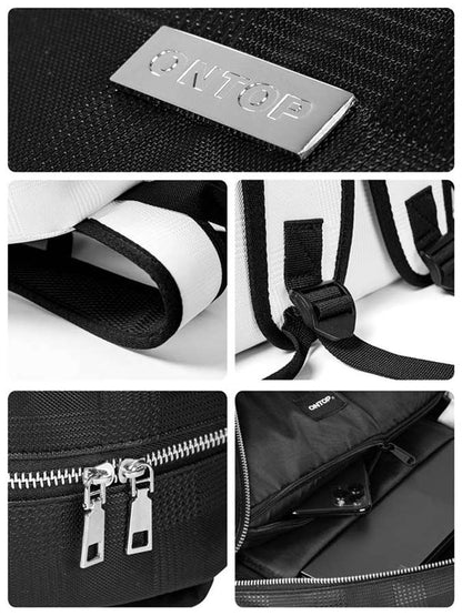 Collage of a black bag with visible branding and features like zippers and straps.