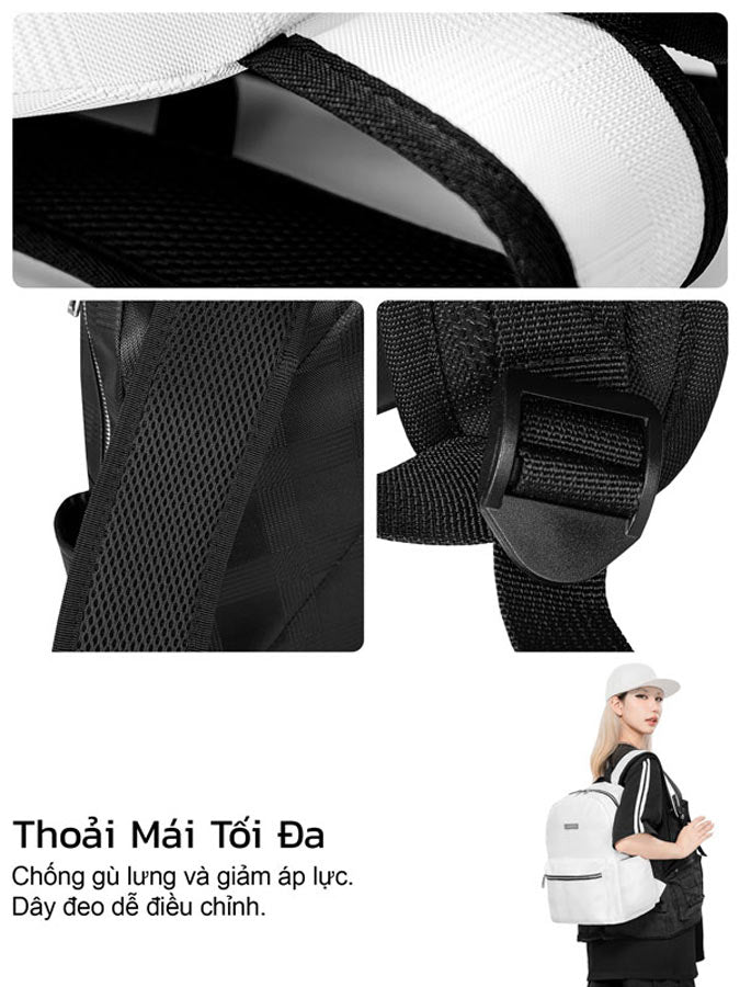 Collage of a backpack strap with close-up details and a person wearing the backpack.