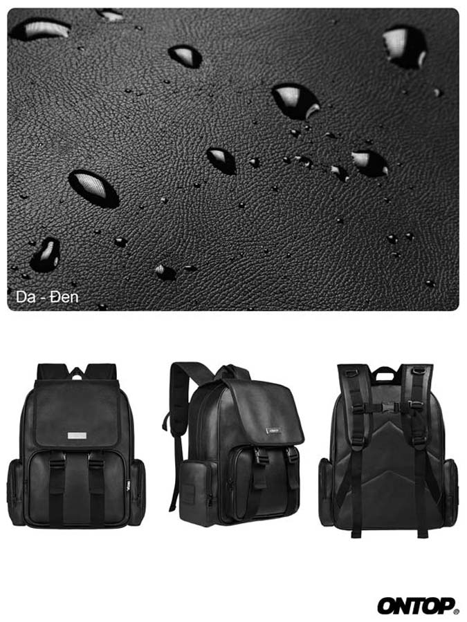 Black backpacks displayed below a close-up of black leather texture with water droplets.