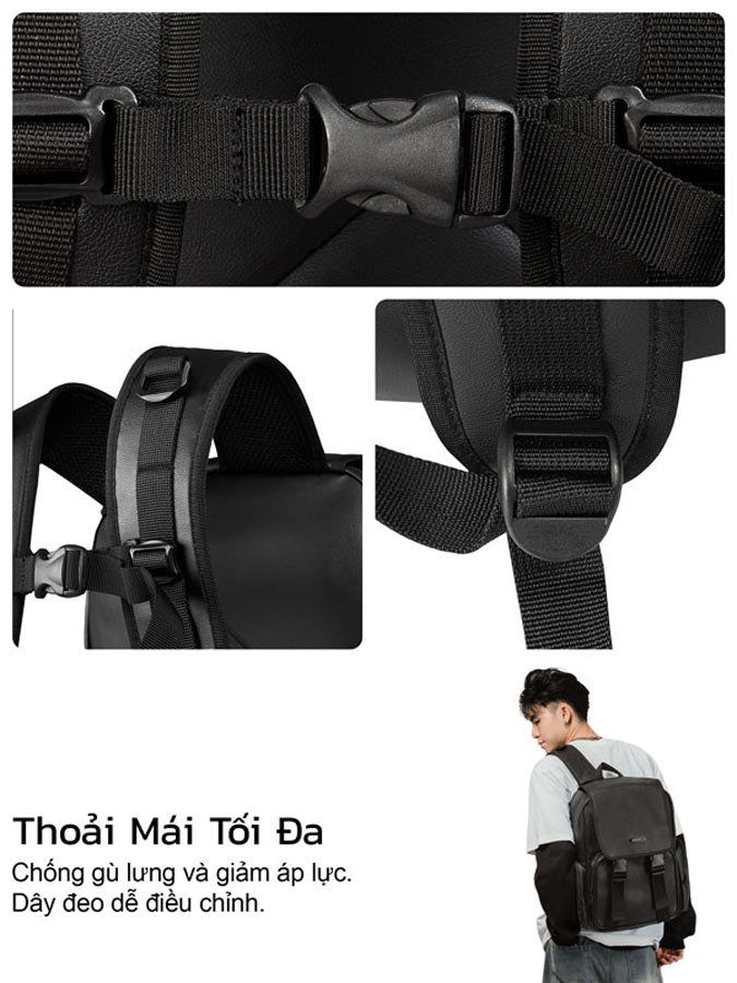 Black backpack with adjustable straps and a person wearing it, highlighting comfort and support.