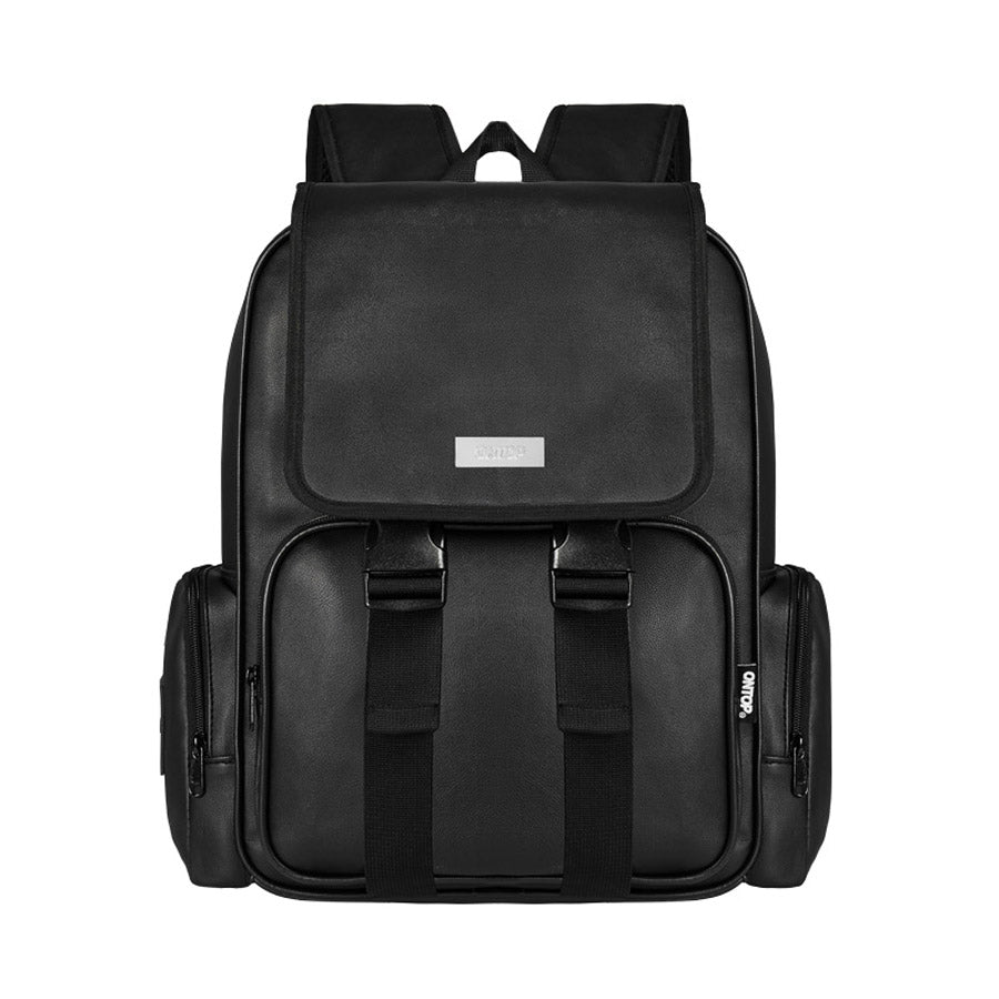 Black backpack with a visible brand logo on a white background