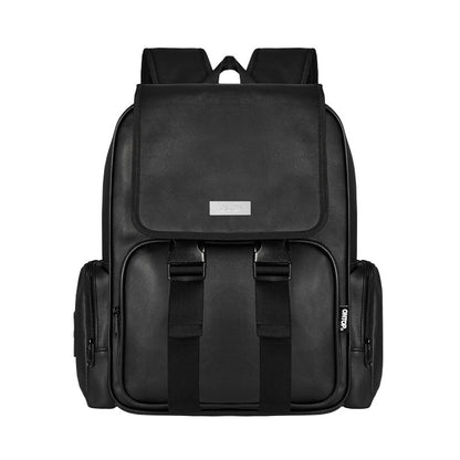 Black backpack with a visible brand logo on a white background