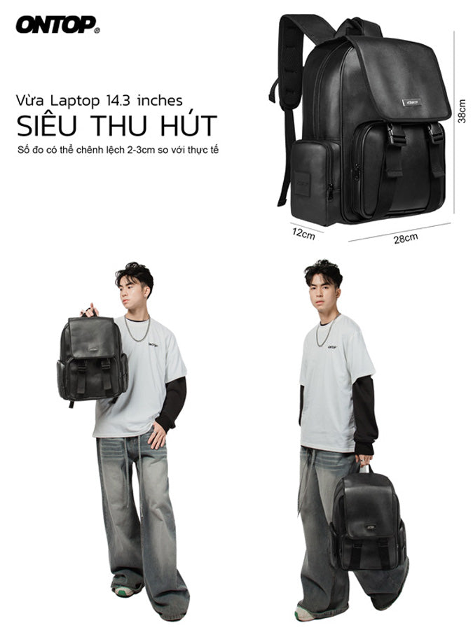Black backpack with dimensions displayed, featuring a person holding it.