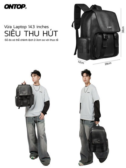 Black backpack with dimensions displayed, featuring a person holding it.