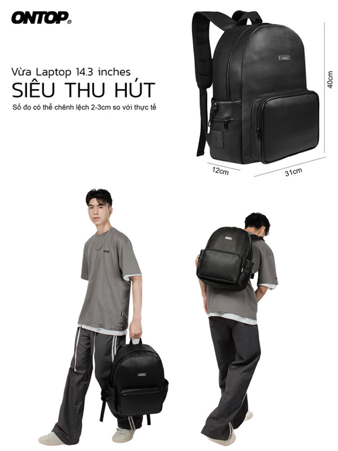 Black backpack with measurements and a person wearing it, featuring the brand 'ONTOP'.