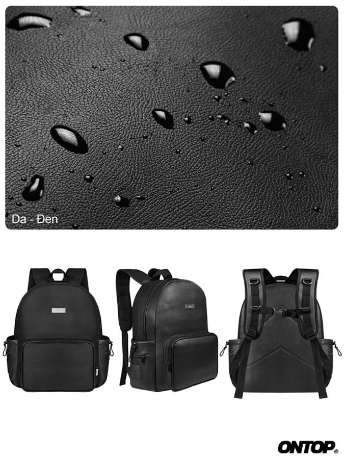 Black backpacks displayed below a close-up of water droplets on a black surface.