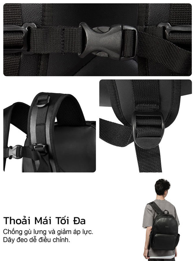 Black backpack with adjustable straps and a person wearing it, highlighting comfort and ease of use.