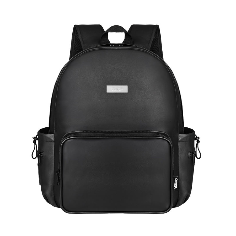 Black backpack with a visible brand logo on a white background