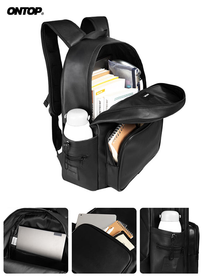 Black backpack with compartments and a water bottle, featuring the brand 'ONTOP'.