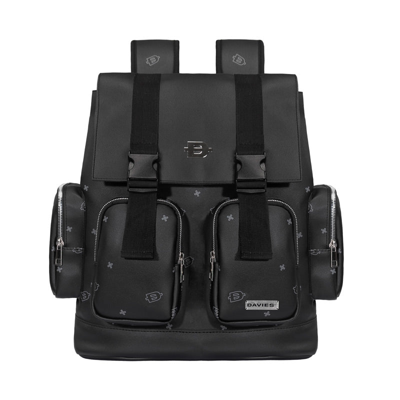 Black backpack with multiple pockets and straps on a white background