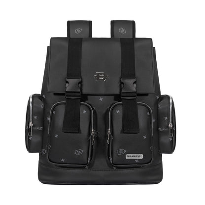 Black backpack with multiple pockets and straps on a white background