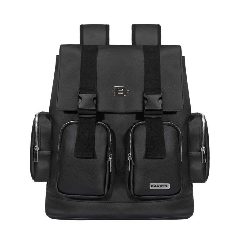 Black backpack with multiple pockets and straps on a white background