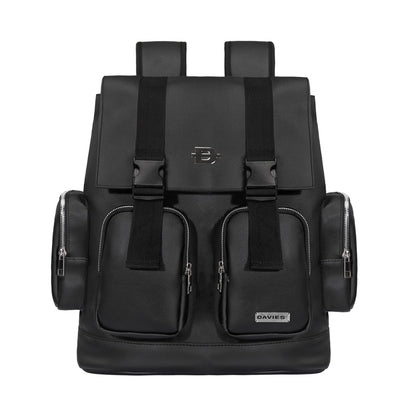 Black backpack with multiple pockets and straps on a white background