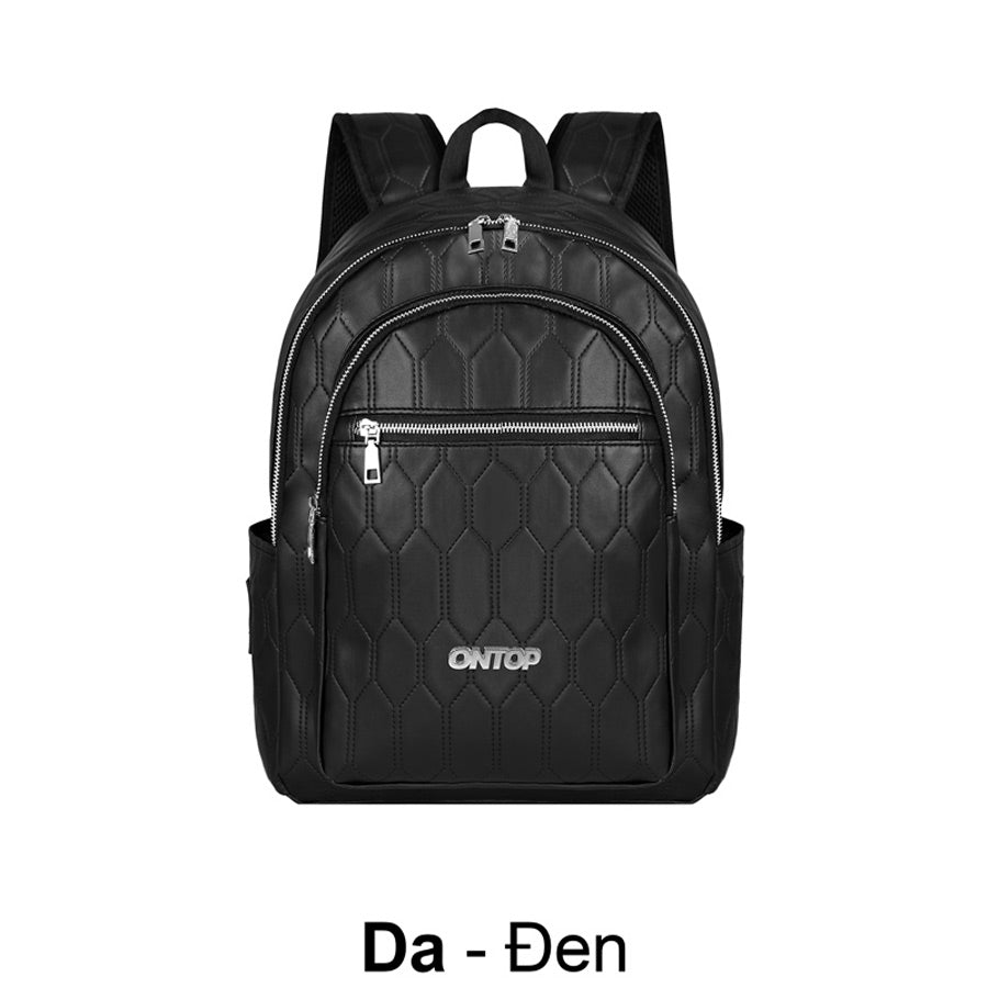 Black quilted backpack with 'ONTOP' branding on a white background