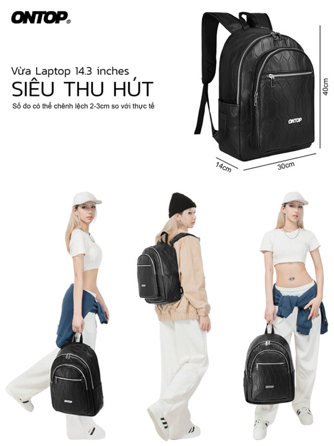 Black backpack with dimensions and ONTOP branding, displayed with a person holding it.