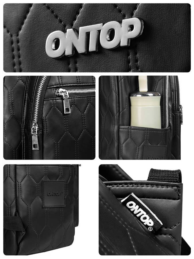 Black backpack with 'ONTOP' branding, showing details like zipper, pocket, and brand tag.