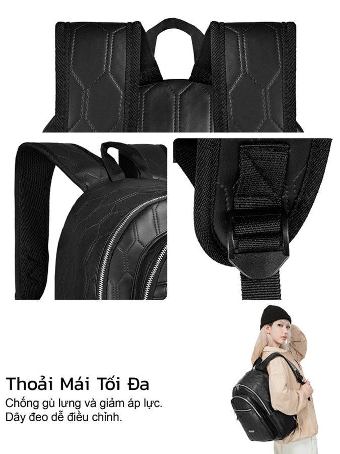 Black backpack with multiple views and a person wearing it.