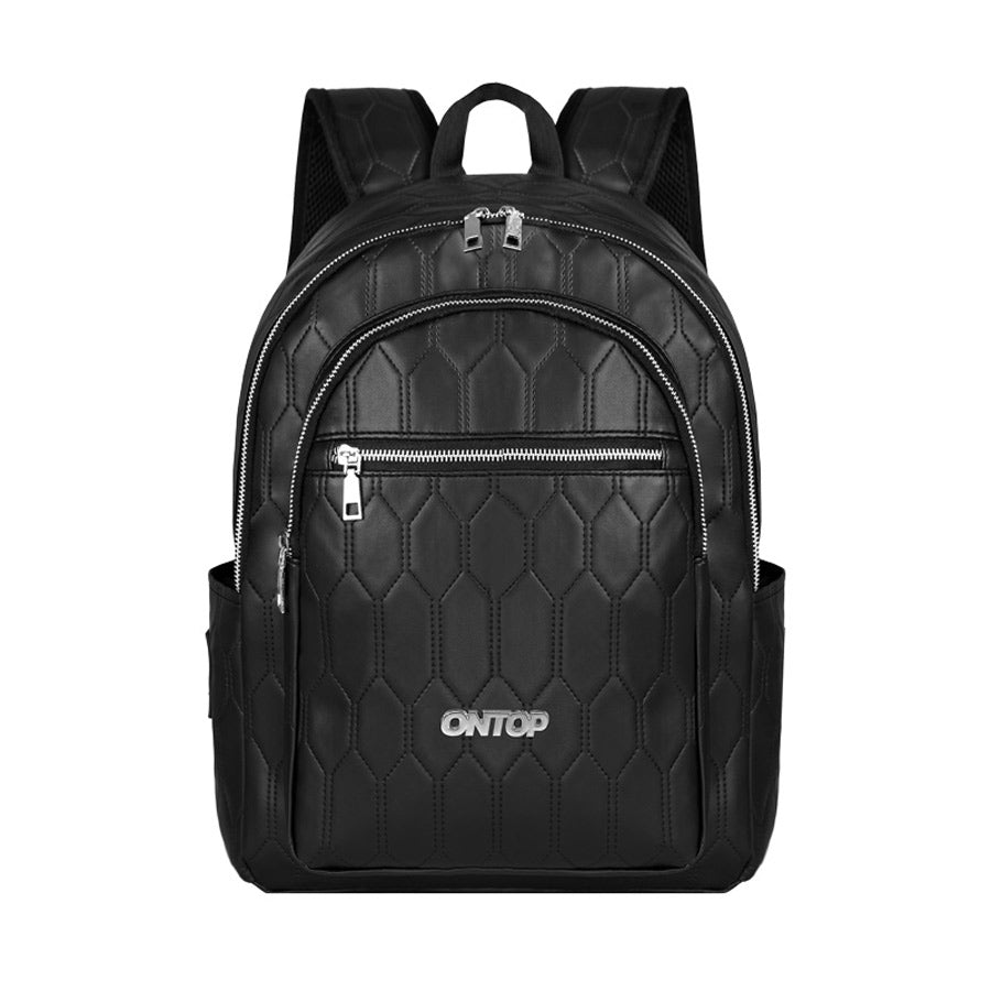 Black quilted backpack with 'ONTOP' branding on a white background