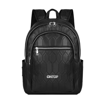 Black quilted backpack with 'ONTOP' branding on a white background