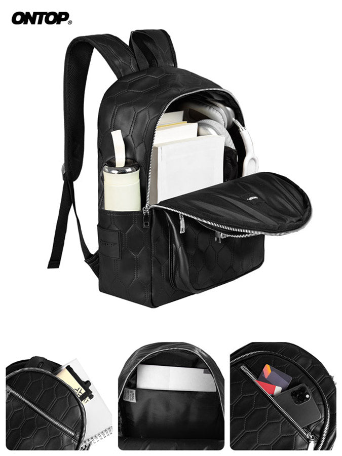 Black backpack with multiple compartments and a visible brand logo on a white background