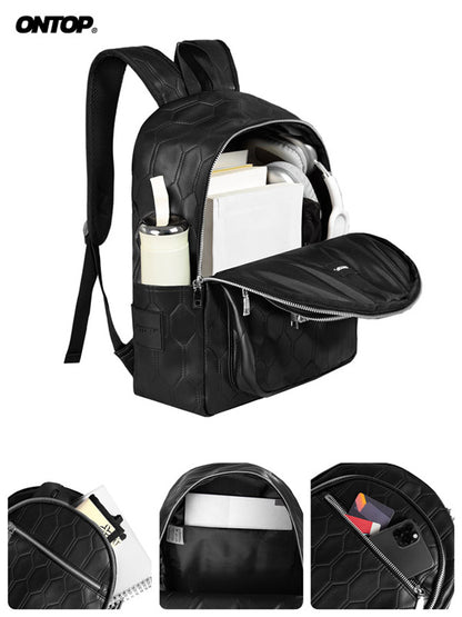 Black backpack with multiple compartments and a visible brand logo on a white background