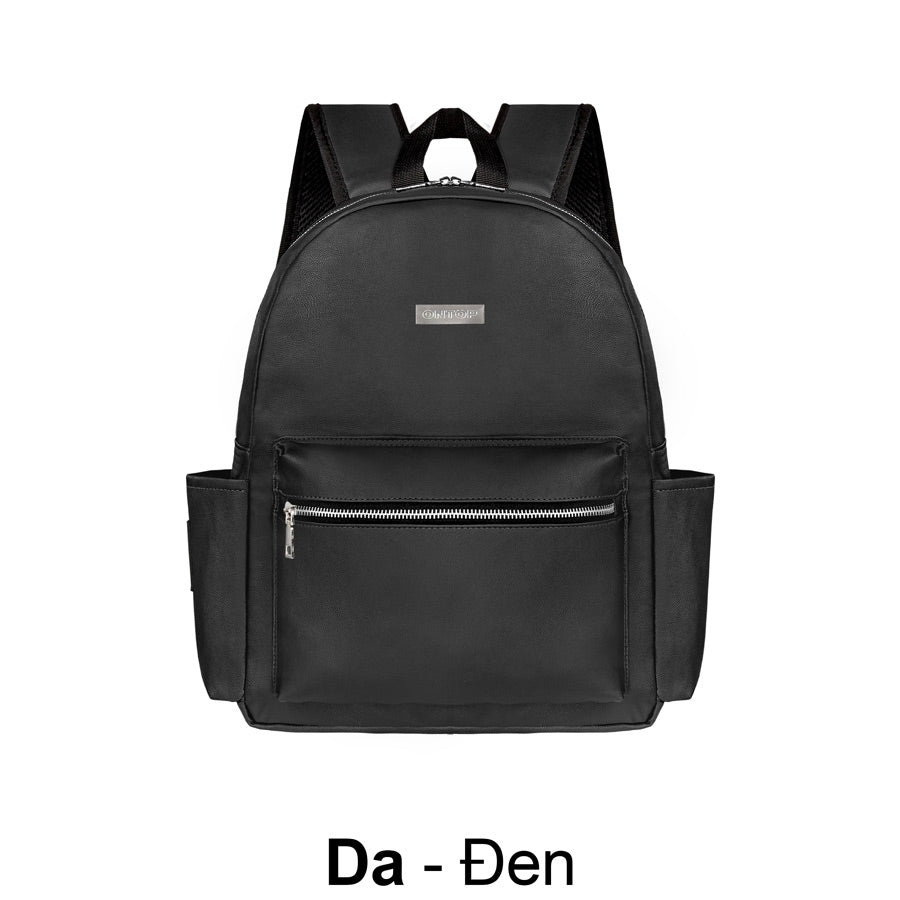 Black backpack with a visible brand label on a white background