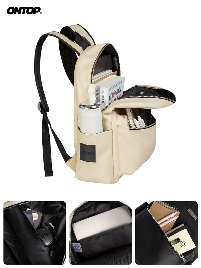 Beige backpack with compartments and items on a white background, featuring the brand 'ONTOP'.