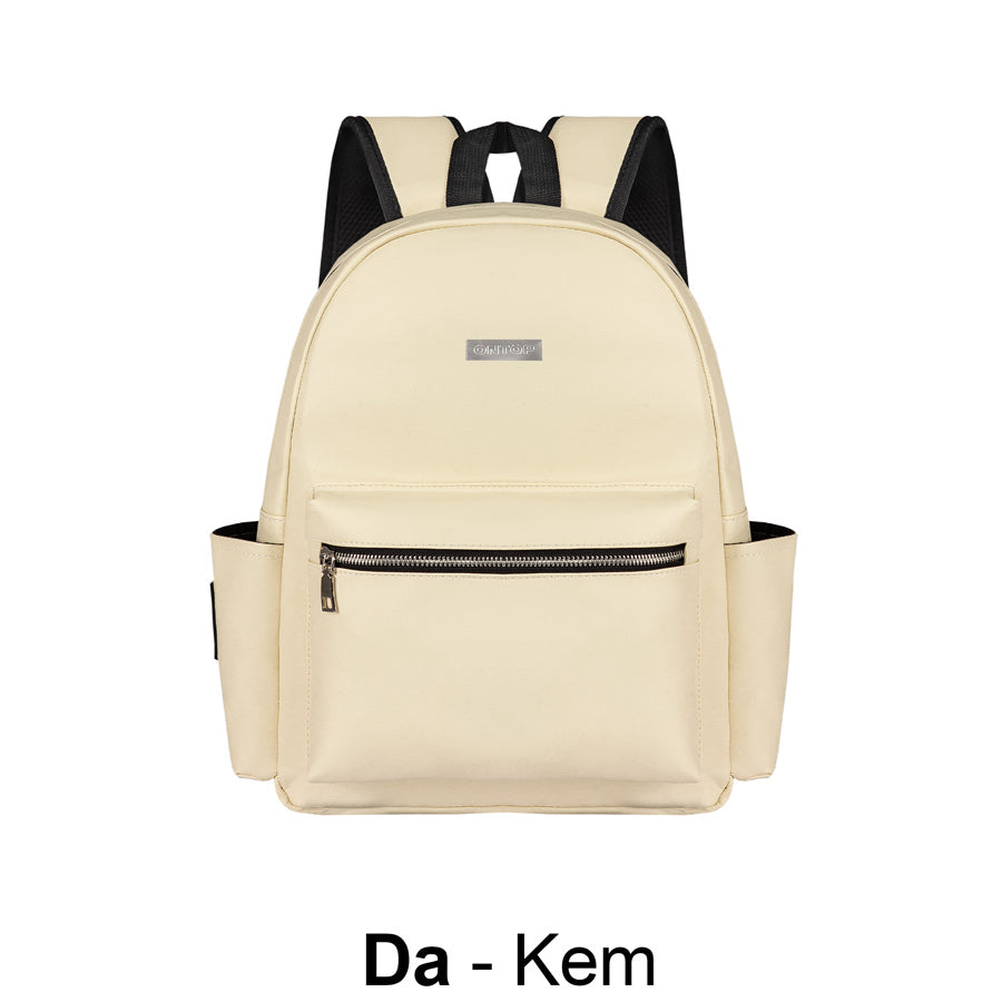 Beige backpack with black accents on a white background