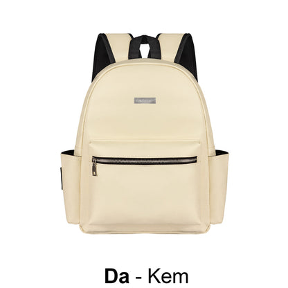 Beige backpack with black accents on a white background