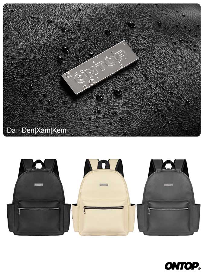 Black leather clutch with 'ONTOP' branding and three backpacks in black, beige, and gray below.