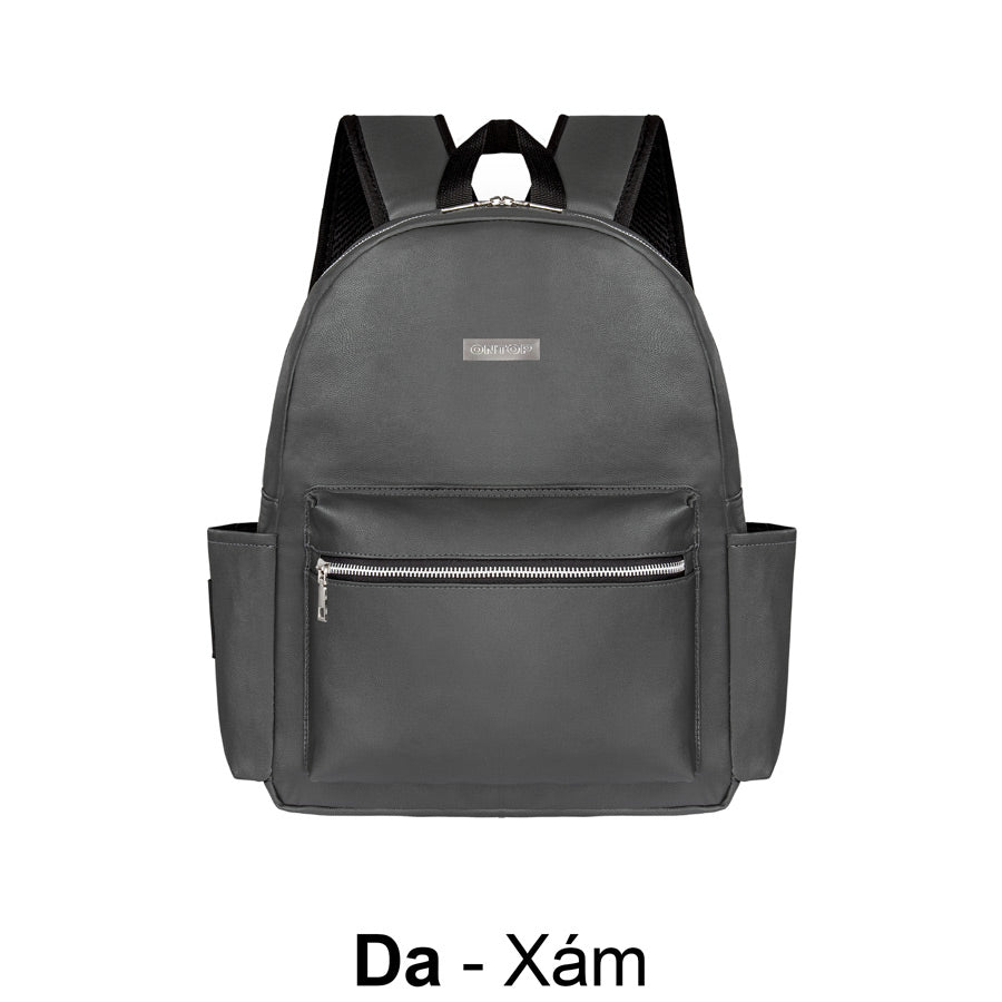 Gray backpack with a visible brand label on a white background