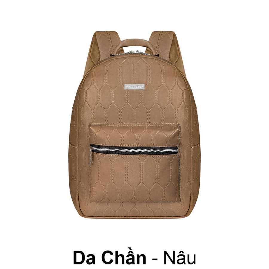 Brown backpack with a textured pattern on a white background
