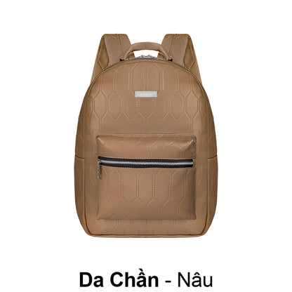 Brown backpack with a textured pattern on a white background