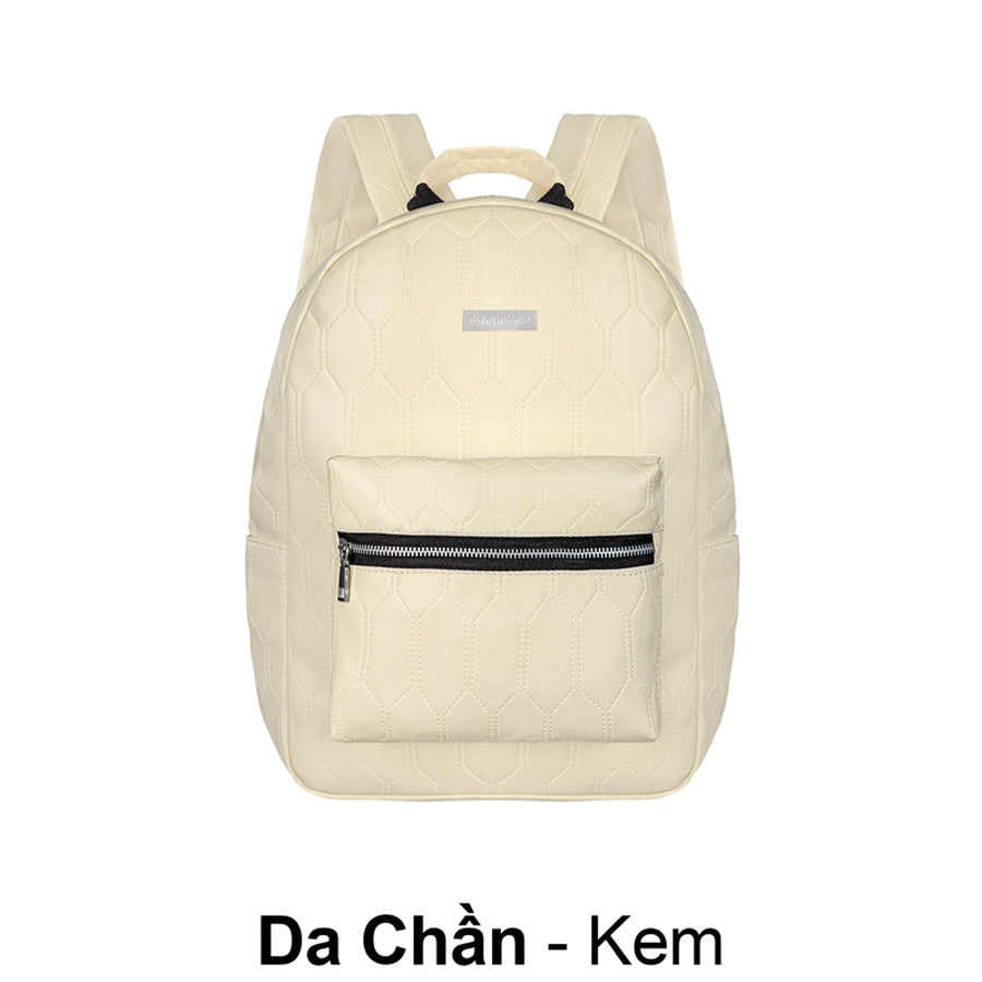 Beige backpack with a zipper pocket on a white background